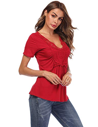 Miss Moly Tunic Tops For Women Deep V Neck Lace Ruched Front Ruffle Short Sleeves Peasant Blouse Pleated Shirts Red #TOP1