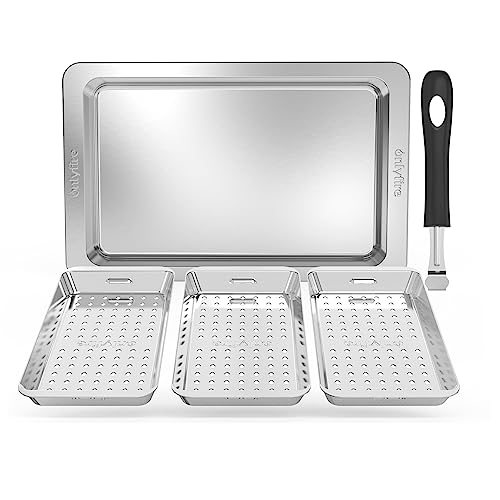 onlyfire Grillkorb Set, Grillpfännchen für Gasgrill, Enthält 3 Edelstahl Grillkörbe mit Löchern, 1 Serviertablett und Hebegriff, BBQ Grillschalen, Gemüsekorb, Gemüse für Gemüse, Fleisch, Brot
