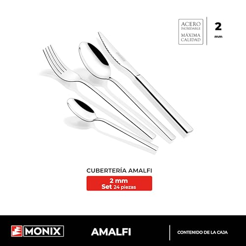 Miniatura 2 de Monix Amalfi Set 24 Piezas De Cubiertos Con Cuchillo Chuletero, Acero Inoxidable 18 0, Acabado Pulido, Apto Para Lavavajillas