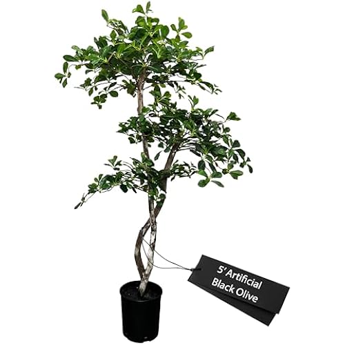 Cypress & Alabaster Handmade 5ft 3-Tier Black Olive Leaf Artificial Tree with Ethically Sourced Real Wood Trunks, Hypoallergenic, 5-Foot, Green
