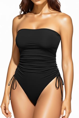 Yonique Women Strapless One Piece Swimsuit Tummy Control Bandeau Bathing Suit Cheeky Swimwear Black L