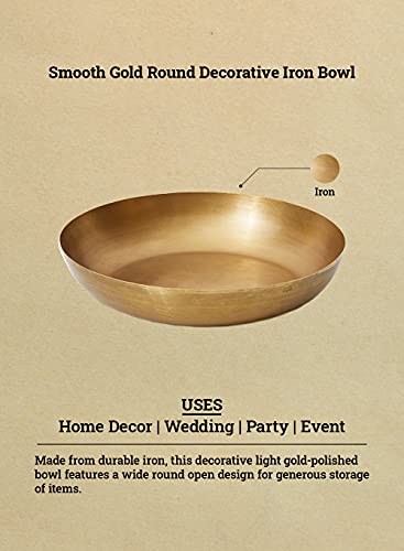 Serene Spaces Living Smooth Gold Round Decorative Iron Bowl, Large Table Centerpiece, Golden Container for Floral Arrangement, Fruits, Vegetables, Candies, Accessories, Measures 10\" Diameter & 2\" Tall