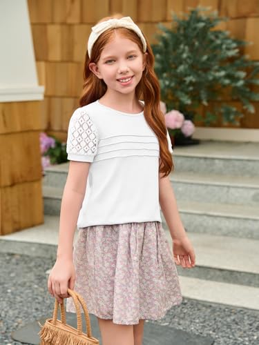 Image of Haloumoning Girls Short Sleeve T Shirts Kids Summer Lace Crewneck Tops Fashion Pleated Tees 5-14 Years