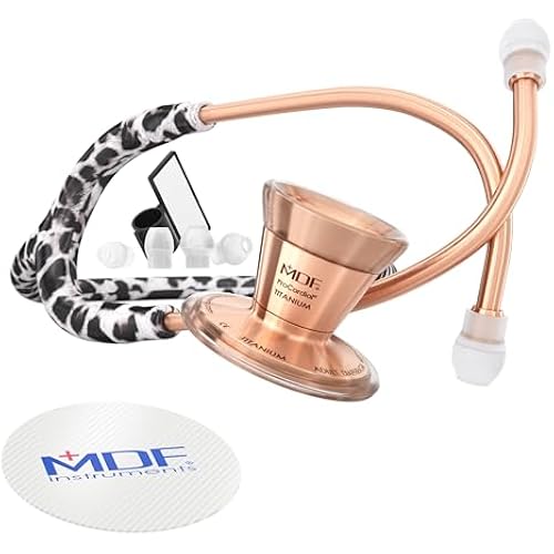 MDF Instruments Snow Leopard Rose Gold ProCardial Cardiology Stethoscope, Limited Edition Mprints, Lightweight Titanium, Adult, Dual Head, Snow Leopard Tube, Rose Gold Chestpiece-Headset, MDF797TSLRG