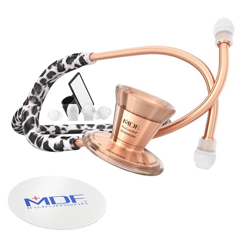 Image of MDF Instruments Snow Leopard Rose Gold ProCardial Cardiology Stethoscope, Limited Edition Mprints, Lightweight Titanium, Adult, Dual Head, Snow Leopard Tube, Rose Gold Chestpiece-Headset, MDF797TSLRG