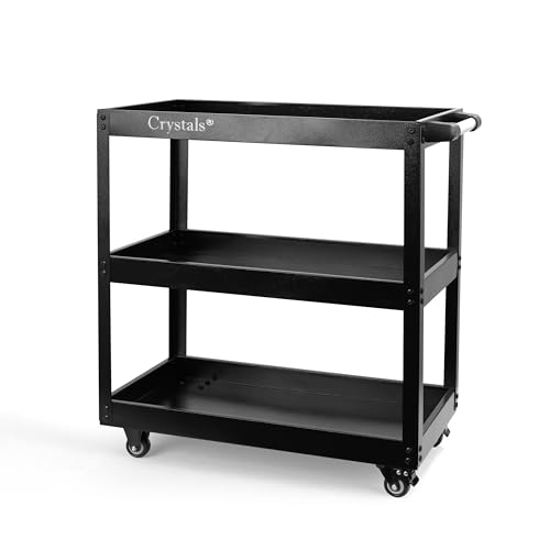 Crystals 3-Tier Heavy Duty Tool Trolley Cart on Wheels – Workshop & Garage Service Cart – Tool Storage Organiser with Handle and Lockable Wheels (Black)