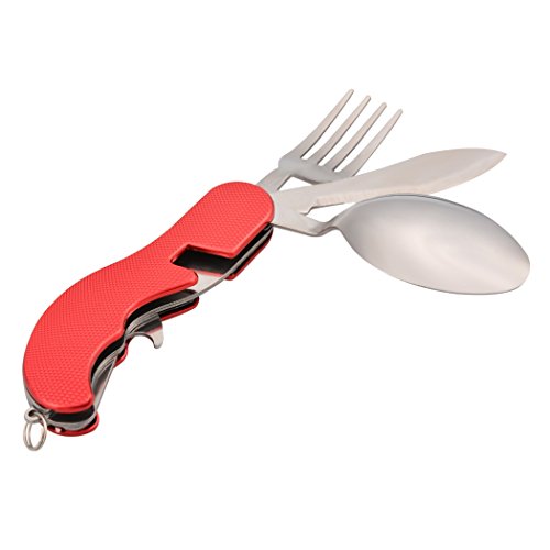 Leeko 4 In 1 Portable Outdoor Pocket Knife Fork Spoon Diner Set Multi-Function Tableware For Camping Hunting,Red #TOP2