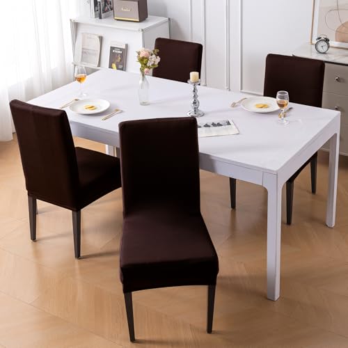 Image of HOKIPO 'SereneSolids' Stretchable 140 GSM Dining Chair Cover, Fully Covered - Set of 4, Coffee (AR-6246-CFE)