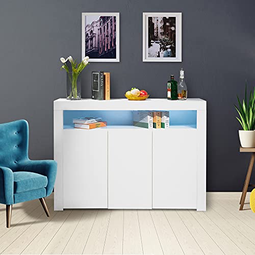 Recaceik White 16 Colors Led Lights Sideboards And Buffets With Storage, High Glossy, Uv Coated, Tv Stand Bar Cabinet For Living Room, Kitchen, Dining Room, White, 3 Doors #TOP3
