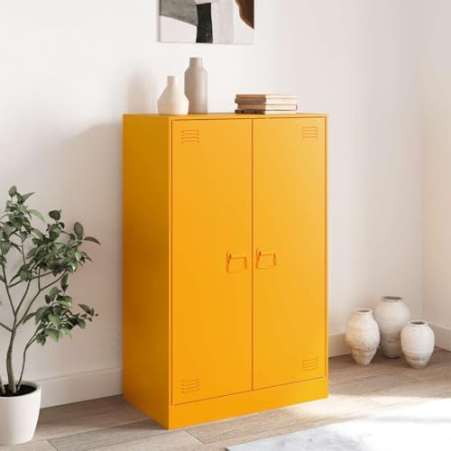 Aparador amarillo mostaza de 6 compartimentos y acero moderno 4