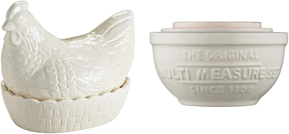 Mason Cash Egg Storage, Ceramic, Cream, Hen & 2008.182 Innovative Kitchen Multi-Measuring Set, Ceramic, Off- White, 12 x 12 x 9 cm
