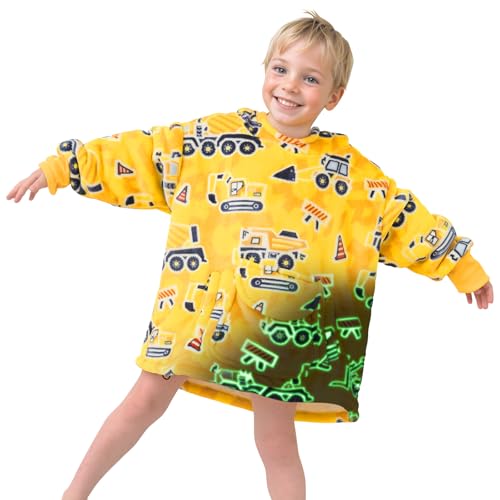 OHOIT Excavator Wearable Blanket Hoodie for Kids 2-6 YR - Glow in The Dark Truck Blanket with Oversized Pocket - Construction Toys Tractor Car Decor Cozy Sweatshirt Blanket for Boy Birthday Gifts