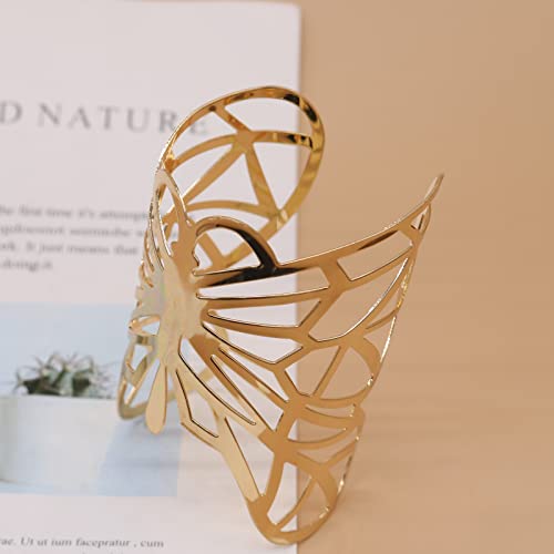 Exaggerated Hollow Flower Wide Opening Cuff Bangle Adjustable Bohemian Shiny Crystal Statement Bracelet Fashion Jewelry For Women Girls Gold Silver Plated (Gold Butterfly) #TOP3