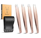 MARKHOR® Rose Gold - Set Profesional de Pinzas de Precisión y Pinzas Depilar para Cejas Vello Facial Astillas y Pelos Encarnados - Acero Inoxidable con Estuche (Pack de 4)