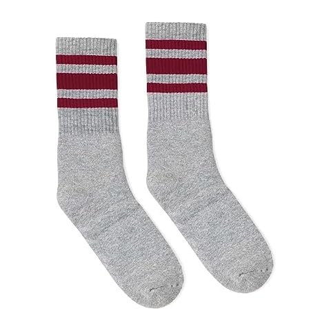 SOCCO Mens USA Made Striped Crew Socks, S-M, Grey-Maroon Cover