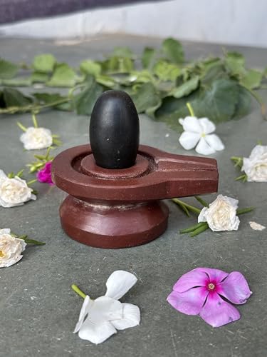 Image of Shivam VASTU AKAL 1.5 inch Original Narmadeshwar Narmada Shivling with 3 inch Narmada Stone Yoni Base Jaladhari (Black Shivling, Brown Damru Jaladhari)