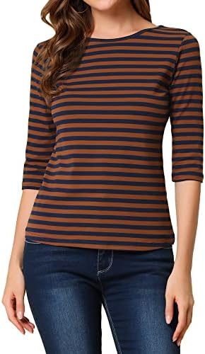 Allegra K Women's Elbow Sleeves Top Round Neck Slim Fit Tee Casual Printed T-Shirt Large Brown Navy