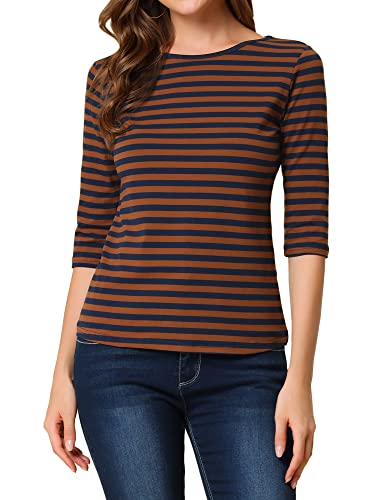Allegra K Women's 3/4 Sleeves Top Round Neck Slim Fit Tee Casual Leopard Floral Breton Printed T-Shirt Brown Navy 16