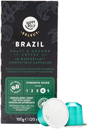 Amazon Brand - Happy Belly Select Brazil Coffee in Nespresso Compatible Coffee Capsules, 80 Aluminium Capsules (4 Packs x 20) - Rainforest Alliance Certified