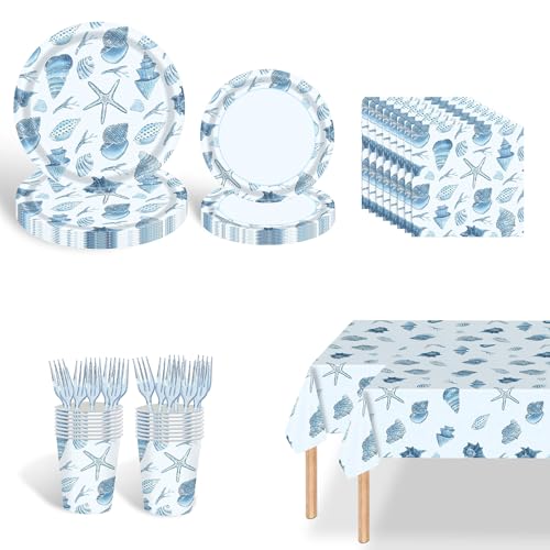 Ocean Seashell Party Plates Supplies, Coastal Beach Party Tableware Decorations Starfish Coral Disposable Paper Plates Tablecloth Cups Napkins Forks for Kids Summer Birthday Baby Shower, Serves 24