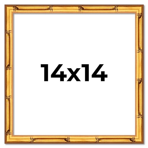 Poster Palooza 14x14 Frame Gold Bamboo Soild Wood Picture Frame | 0.75 Inch Moulding Width | Includes UV Acrylic Plexiglass, Foam Board Backing & Hanging Hardware