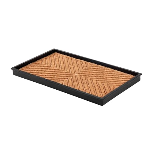 Anji Mountain Heavy Duty Waterproof Rubber Shoe Storage Mat Organizer/Boot Storage Tray Multi Use for Entryway with Coir, Tan Cross Embossed Insert, Fits 2 Pair (24.5" Wide)
