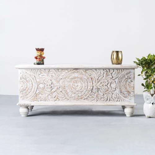 Image of Natura Solid Wood Coffee Table for Living Room Wooden Trunk Box for Storage | Handcrafted Center Table for Living Room with Sandook Storage | Pitara for Home and Bedroom (White Distress)