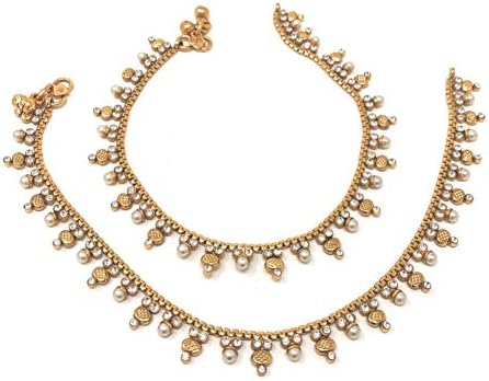 Duel On Jewel Indian Gold Plated Chain Payal Bells Anklet Pair For Women in Pearls and Zircon - Wedding Party Beach Gift