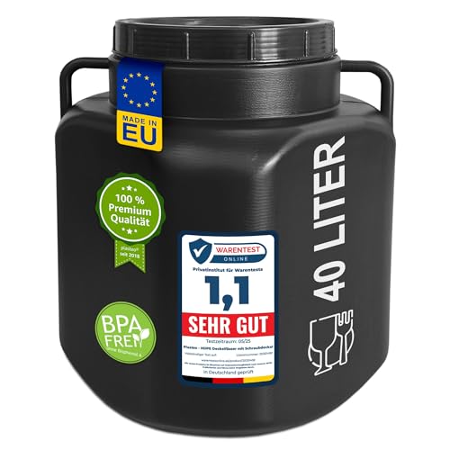 plasteo® Barile a collo largo, 40 litri, con coperchio e maniglie, rettangolare, nero, per alimenti e senza BPA, in plastica, universale, per acqua piovana