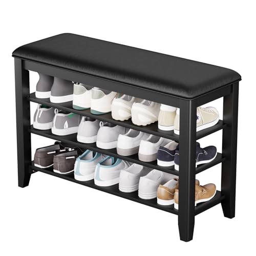 Entryway Shoe Storage Bench with Leather Cushion, Shoe Organizer Bench for Entryway, Ideal for Hallways Front Doors Entrances Mudrooms Featuring Rubberwood And 3 Height-Adjustable & Removable Shelve