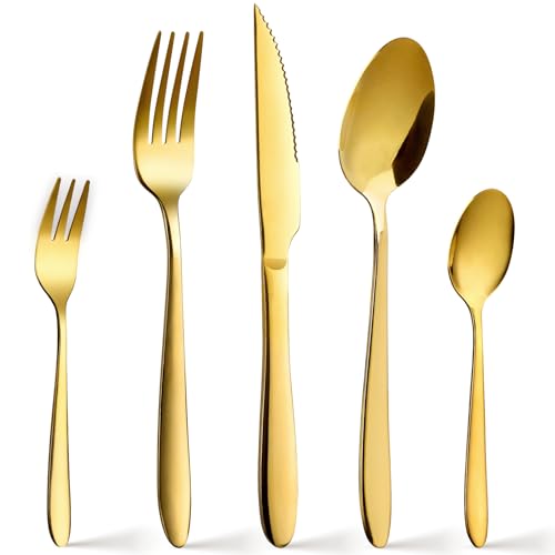 【Set di posate oro per 12 persone】Il Posate dorate da 60 pezzi in acciaio inossidabile include 12 coltelli, 12 forchette, 12 cucchiai, 12 forchetta da dessert e 12 cucchiaini, questo set di posate dorate soddisferà tutte le tue esigenze di catering.