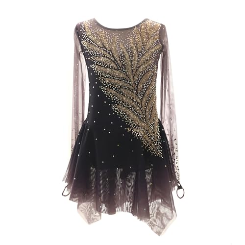 Girl's Figure Skating Dress with Rhinestones, Women's Handmade Ice Skating Dress for Competition and Performance(XX-Small) Brown
