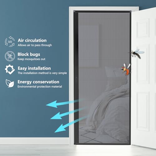 MaKefeile Retractable Screen Doors, No-Drilling Folding Sliding Screen Door with Aluminum Frame for Patio Front Door Bedroom Kitchen, Rollup Screen for Single/Double Door, Customize Size, Black
