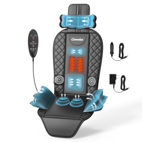 Back Massager with Heat & Traction & Vibration, Seat Massager Pad for Pain Relief Deep Tissue, Lumbar Traction, PU Leather, Foldable, for 5’ to 6’1”, Massage Chair Pad for Office Home