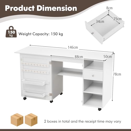 Miniatura 6 de Giantex Armario De Costura Plegable Con 6 Ruedas, Mesa De Coser Con Estantes, Cajón Y Soportes Para Carretes De Hilo, Mesa Multiusos 2 En 1 Para Dormitorio, Salón Y Estudio, Blanco