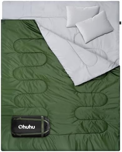 Ohuhu Doppelschlafsack, Schlafsack 2 Personen 220x150cm mit 2 Kissen | Doppelschlafsack für 2 Personen, 2,75 kg/3kg, Komfort 7–20 °C, Deckenschlafsack für Camping, Wandern, Reisen