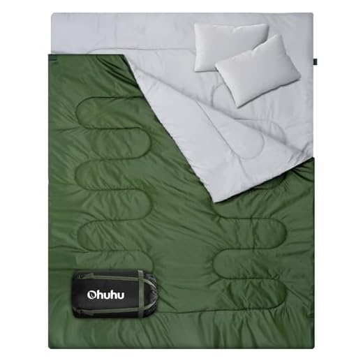 Ohuhu Double Sleeping Bag for Adults with 2 Pillows, Queen Size Two Person Sleeping Bag for Camping Hiking Backpacking 2 Person Sleeping Bags for Cold Weather & Warm (Green)