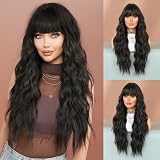 7JHH WIGS Long Wet wavy Natural Black Wig with Bangs 30in Black Tea Heat Resistant Fiber Synthetic Curly Bangs Wig for Women Girls Daily Party Chrismas Travel Used
