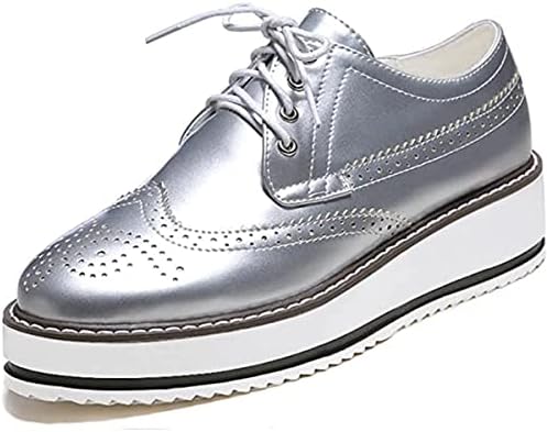 Women's Platform Lace Up Patent Leather Wingtips Round Toe Casual Oxford Shoes Brogues(US8.5,Silver)