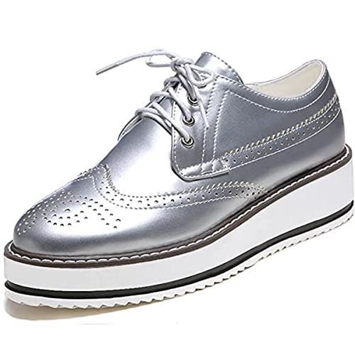 Women's Platform Lace Up Patent Leather Wingtips Round Toe Casual Oxford Shoes Brogues(Us8.5,Silver) #TOP23