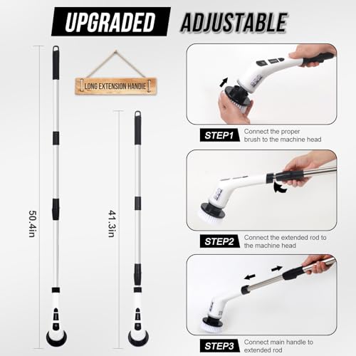 Image of Electric Spin Scrubber, Cordless Spin Scrubber, with Replacement Brush Heads, Bathroom Scrubber Dual Speed, Adjustable Extension Handle, Power Cleaning Brush for Bathroom Floor Tile