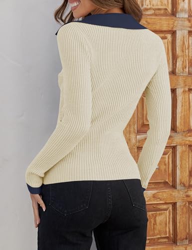 Image of ZESICA Womens Fall Long Sleeve Sweaters Casual Knitted Tops | V Neck,Color Block,Slim Fit Tops,Casual Knitted Sweaters,Cute Tops,Ribbed Knit Tops,Business Casual Tops,Work Office Blouse