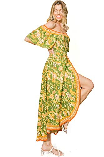 Flying Tomato Women's Bohemian Tropical Floral Off Shoulder Dress (Green, Large) #TOP12