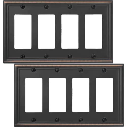 OKAWYC Quadruple Decorator Light Switch Cover Luca Metal Wall Plate, 2-Pack Aged Bronze 4 Gang Quadruple Rocker, for Receptacle Dimmer Switch GFCI Outlet, Switch Cover Decorative Wallplate, Durable