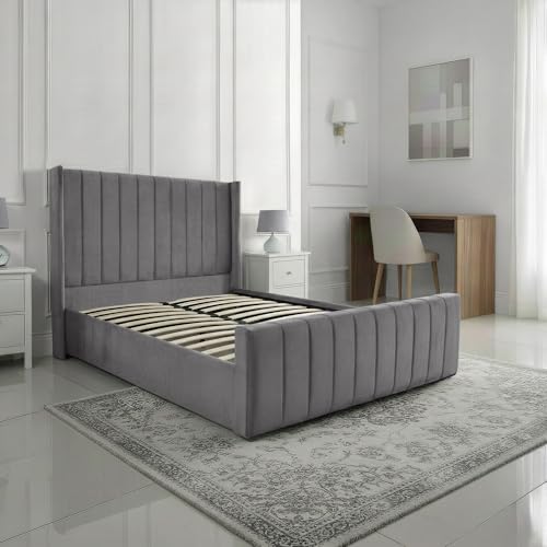 SANA SLEEP 4FT6 Ottoman Panel Wing Plush Velvet Upholstered Bed Frame With Storage Option - Plush Grey