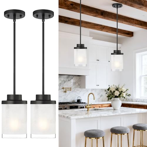 TENGXIN 2 Pack Matte Black Pendant Lights Kitchen Island, Frosted Glass