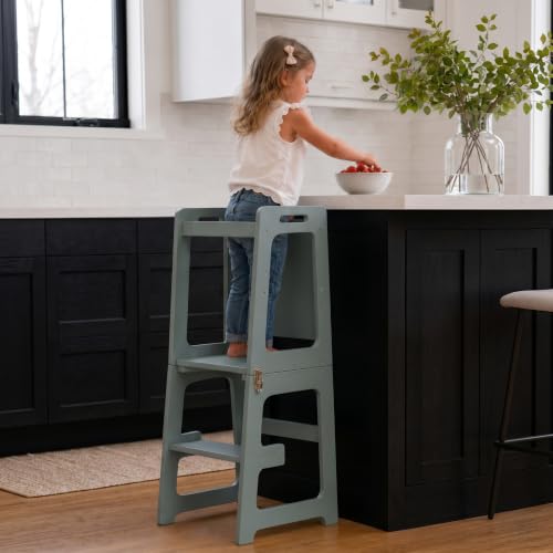 Image of Avenlur Toddler Tower, Date 4-in-1 Kitchen & Learning Tower (Light Blue) | Avenlur Date 4-in-1 Kitchen Tower doubles as a kitchen stool for toddlers, montessori tower, and toddler tower table.