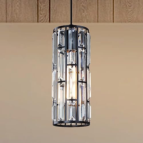 1 Light 4.5" Crystal Shade Hanging Kitchen Island Pendant Light Black Finish,Modern Concise Pendant Fixture With Crystal Plate Metal Shade For Bar,Dining Room,Corridor,Living Room Over Sink #TOP4