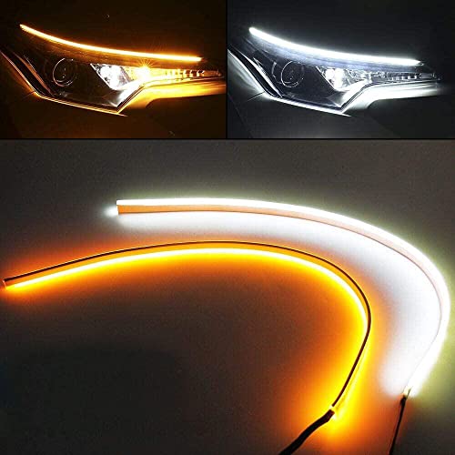 OPL5 2PCS Feux De Clignotants & DRL LED Bande, 24 Pouces Étanche Switchback Sequential LED Phares, Flexible Bande De LED pour Voiture 12V (Ambre & Blanc)