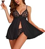 Lovasy Babydoll Dessous für Damen Sexy Kurz Spitze Mesh Negligees Nachtwäsche Verstellbaren Spaghettiträger V-Ausschnitt Nachthemd Lingerie,Schwarz,XL